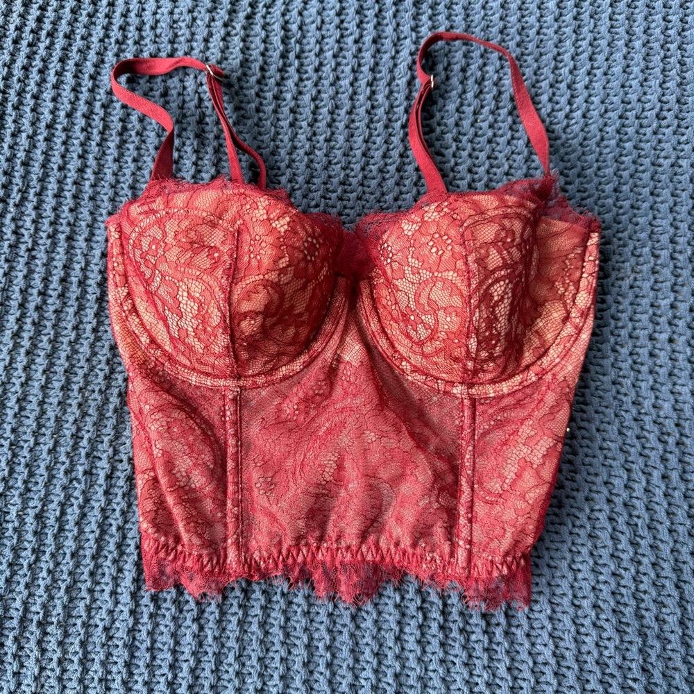 Victoria's Secret Lace‎ Corset 32C Lingerie Bra Convert Straps Bustier Burgundy